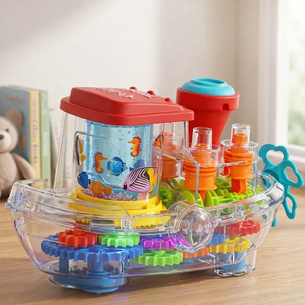 Transparent Gear Ship with Visible Moving Gears Toys for Kids.